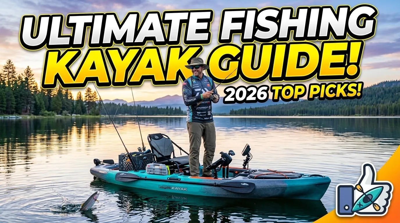 Angler fishing from a teal kayak on a lake at sunset, beneath fishing kayak guide lettering